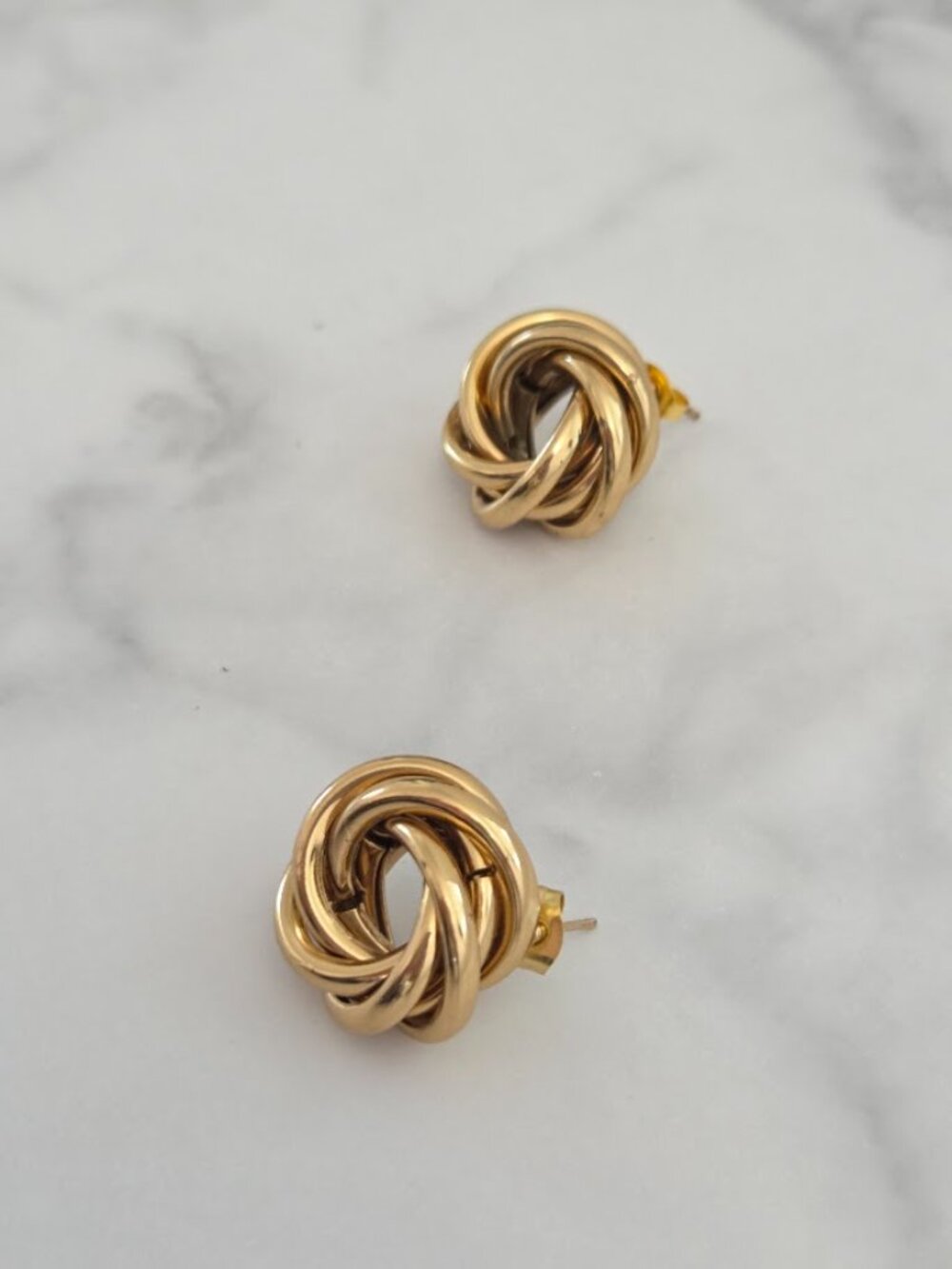Gold Stainless Steel Woven Love Knot Stud Earrings Chunky Textured Swirl Hoop - Picture 8 of 11